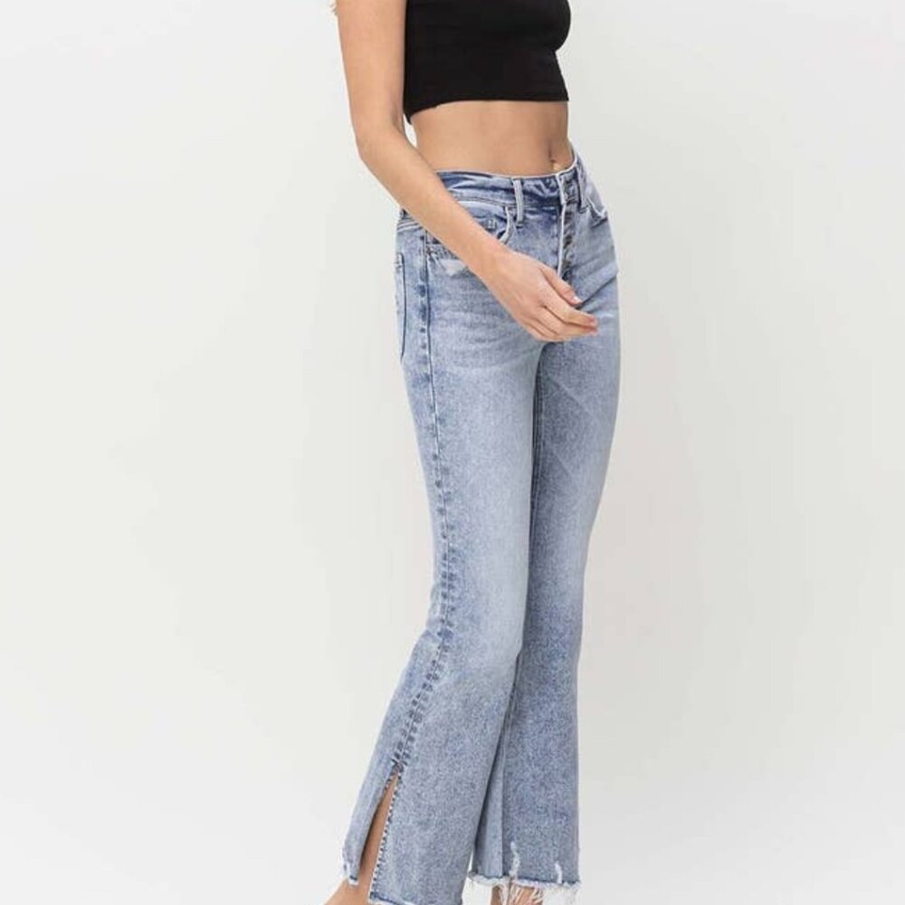 High Rise Side Slit Crop Flare Jeans - Picture 4 of 5